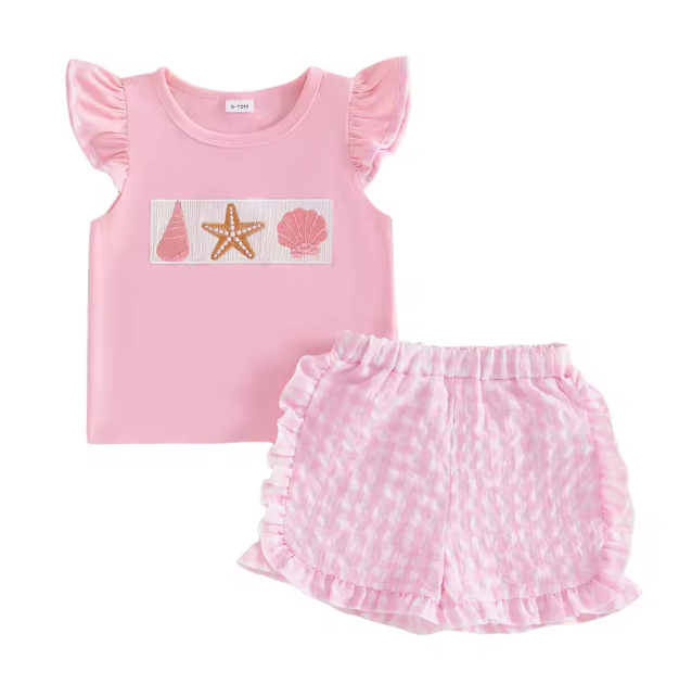 Pink Embroidered Starfish Seersucker Short Set