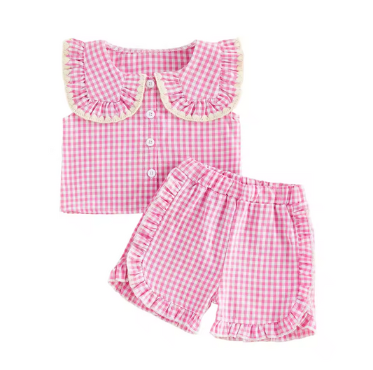Pink Ruffle Collared Button Short Set