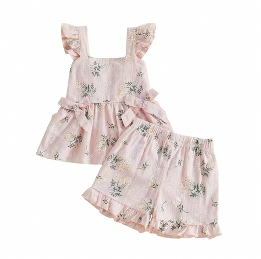 Pink Floral Bow Ruffle Tank Short Set