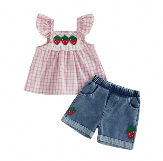 Pink Strawberry Gingham Embroidered Denim Short Set
