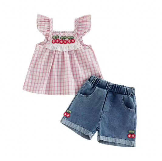 Pink Cherry Gingham Embroidered Denim Short Set
