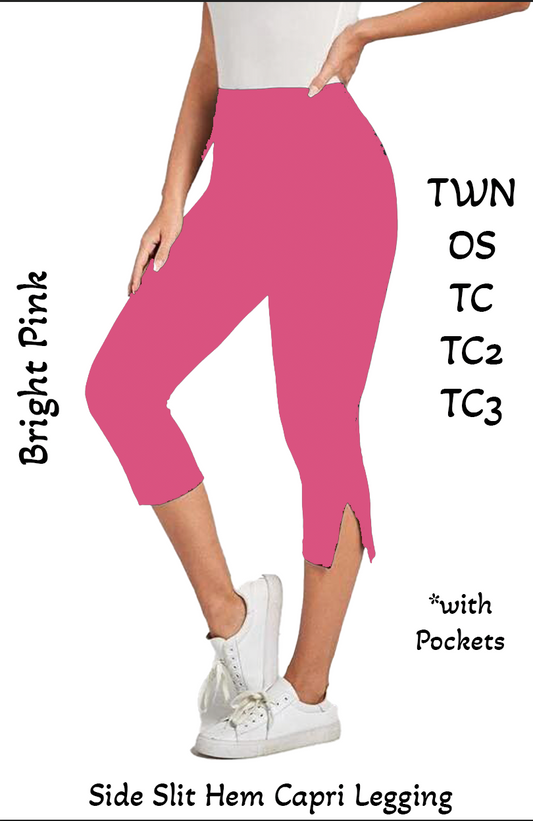 Pink Side Slit Hem Capri Leggings with Pockets