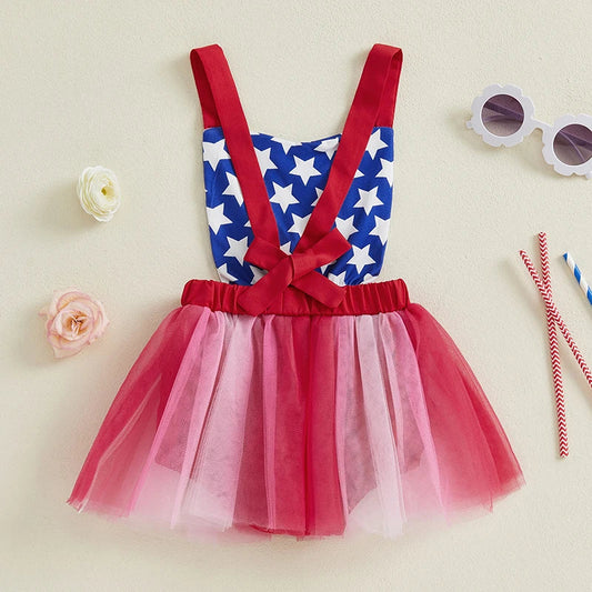 Baby Girls Romper Dress Sleeveless Tank Stars USA Flag Heart Tulle Patchwork Party Bodysuit Tutu Summer 4th of July Clothing