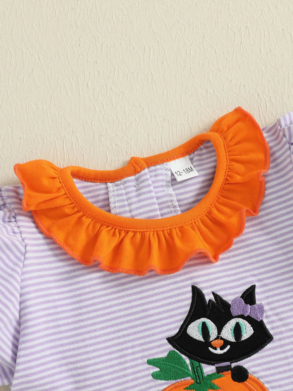 Baby Toddler Kids Girl Halloween Striped Dress Pumpkin Black Cat Embroidered Short Sleeve Ruffled Dress Cute Fall Clothes