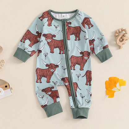 Baby Girls Boys Highland Cow Romper Print Long Sleeve Zipper Jumpsuit Fall Bodysuit