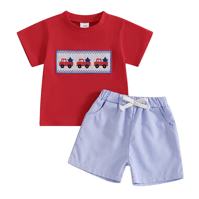 Baby Toddler Boys 2Pcs 4th of July Outfit Short Sleeve Truck/Flag Embroidery T Shirt Top + Shorts Set Clothes