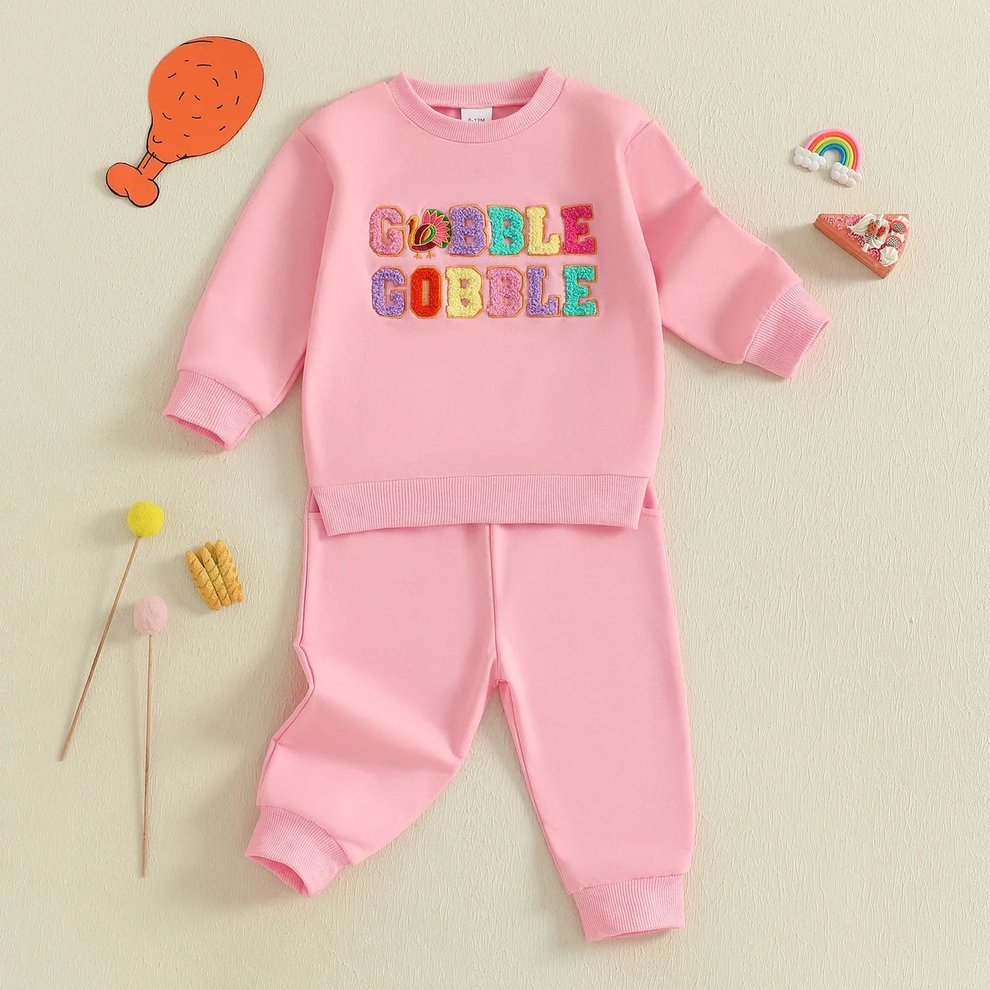 Baby Toddler Girls 2Pcs Thanksgiving Outfit Long Sleeve Turkey Gobble Embroidery Top + Pants Jogger Set Clothes