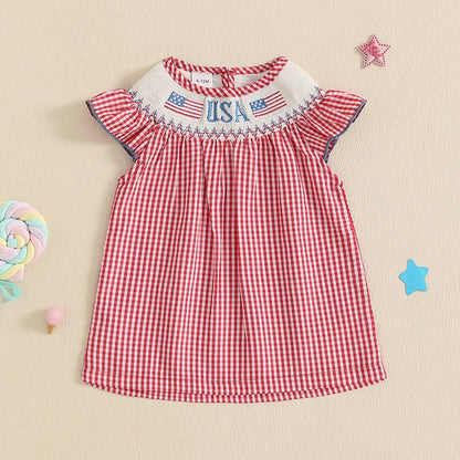Baby Toddler Girls 4th of July Dress Loose Fit Plaid American Flag Embroidery Smocked Crew Neck Flying Sleeve Dress