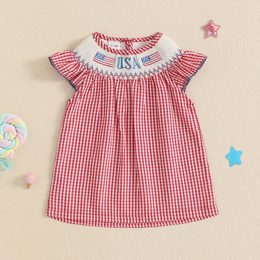Baby Toddler Girls 4th of July Dress Loose Fit Plaid American Flag Embroidery Smocked Crew Neck Flying Sleeve Dress