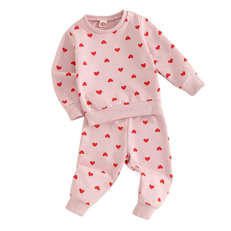 Baby Toddler Girls 2Pcs Clothes Valentine's Day Outfits Long Sleeve Crewneck Heart Print Pants Set