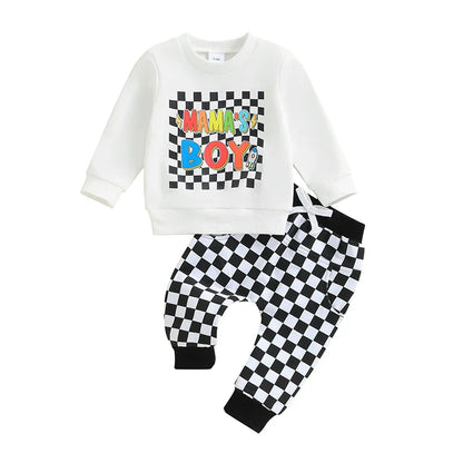 Baby Toddler Boys 2Pcs Mama's Boy Checkered Set Letter Print Long Sleeve Round Neck Top with Pocket Long Pants Outfit