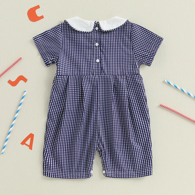 Baby Girl 4th of July Romper Smocked Plaid Pattern American Flag Embroidery Ruffled Doll Collar Short Sleeve Jumpsuit