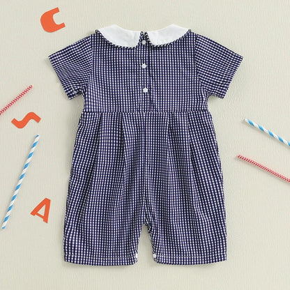 Baby Girl 4th of July Romper Smocked Plaid Pattern American Flag Embroidery Ruffled Doll Collar Short Sleeve Jumpsuit