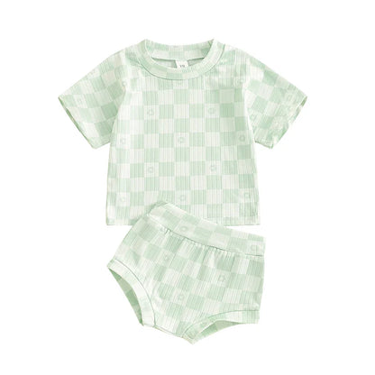 Baby Toddler Girls 2Pcs Summer Set Short Sleeve Checkerboard Flower Print Top Shorts Bloomers Outfit
