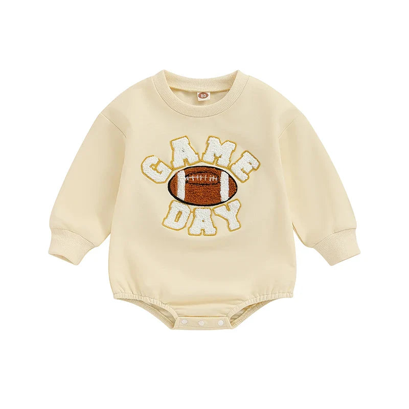Baby Boys Girls Game Day Fall Bodysuit Letter Football Embroidery Long Sleeve Round Neck Jumpsuit Romper