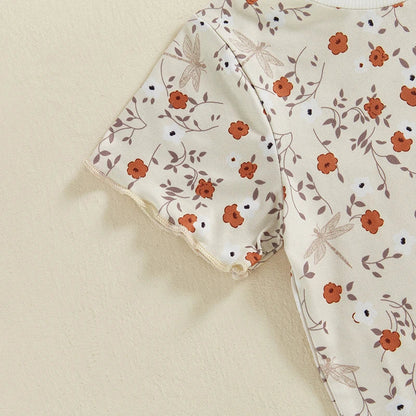 Baby Toddler Girls 2Pcs Set Floral Print Lettuce Trim Short Sleeve T-shirt Top Elastic Waist Shorts Summer Clothes Outfit