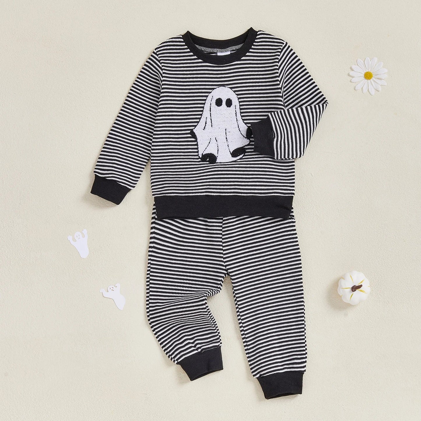 Baby Toddler Boys 2Pcs Halloween Outfit Ghost Embroidery Striped Long Sleeve Top and Elastic Pants Clothes Set