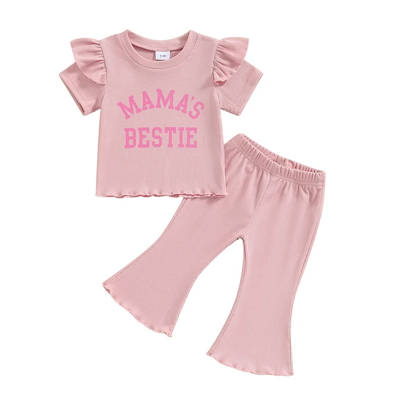 Baby Toddler Girls 2Pcs Mama's Bestie Flying Sleeve Letter Print Short Sleeve Top Flared Bellbottom Long Pants Set Outfit