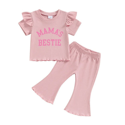Baby Toddler Girls 2Pcs Mama's Bestie Flying Sleeve Letter Print Short Sleeve Top Flared Bellbottom Long Pants Set Outfit