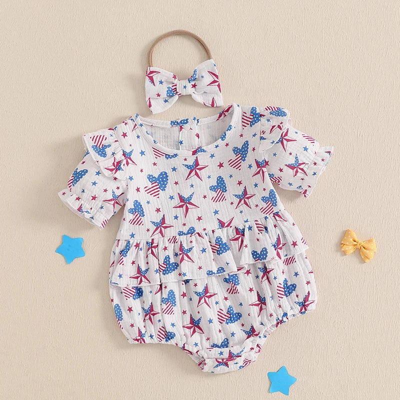 Baby Girl 2Pcs 4th of July Outfit Love Heart Star Pattern Ruffled Crew Neck Short Sleeve Romper & Bow Headband Set