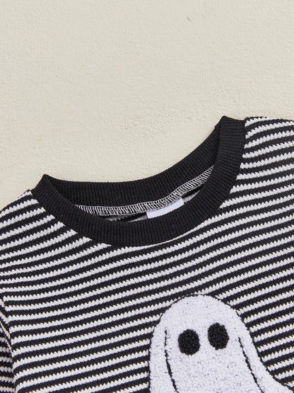 Baby Toddler Boys 2Pcs Halloween Outfit Ghost Embroidery Striped Long Sleeve Top and Elastic Pants Clothes Set