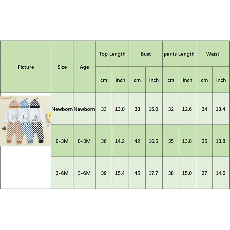 Baby Boy 3Pcs Fall Outfit New To The Crew / Hi I'm New Here / Ladies I Have Arrived Letter Print Long Sleeve Romper and Elastic Checker Pants Beanie Hat Set