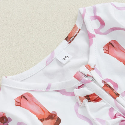 Baby Girl 2Pcs Fall Jumpsuit Ruffled Zip Up Boots Ribbons Print Long Sleeve Round Neck Zipper Romper Bow Headband Set