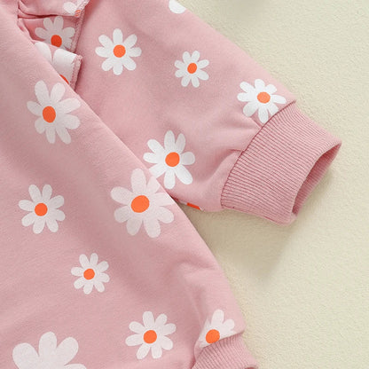 Baby Girl Bubble Romper Flower Daisy Print Round Neck Long Sleeve Jumpsuit
