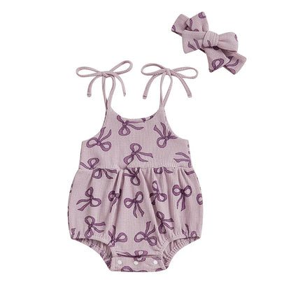 Baby Girls 2Pcs Summer Romper Sleeveless Tank Tie Strap Bow Print Jumpsuit with Headband Set