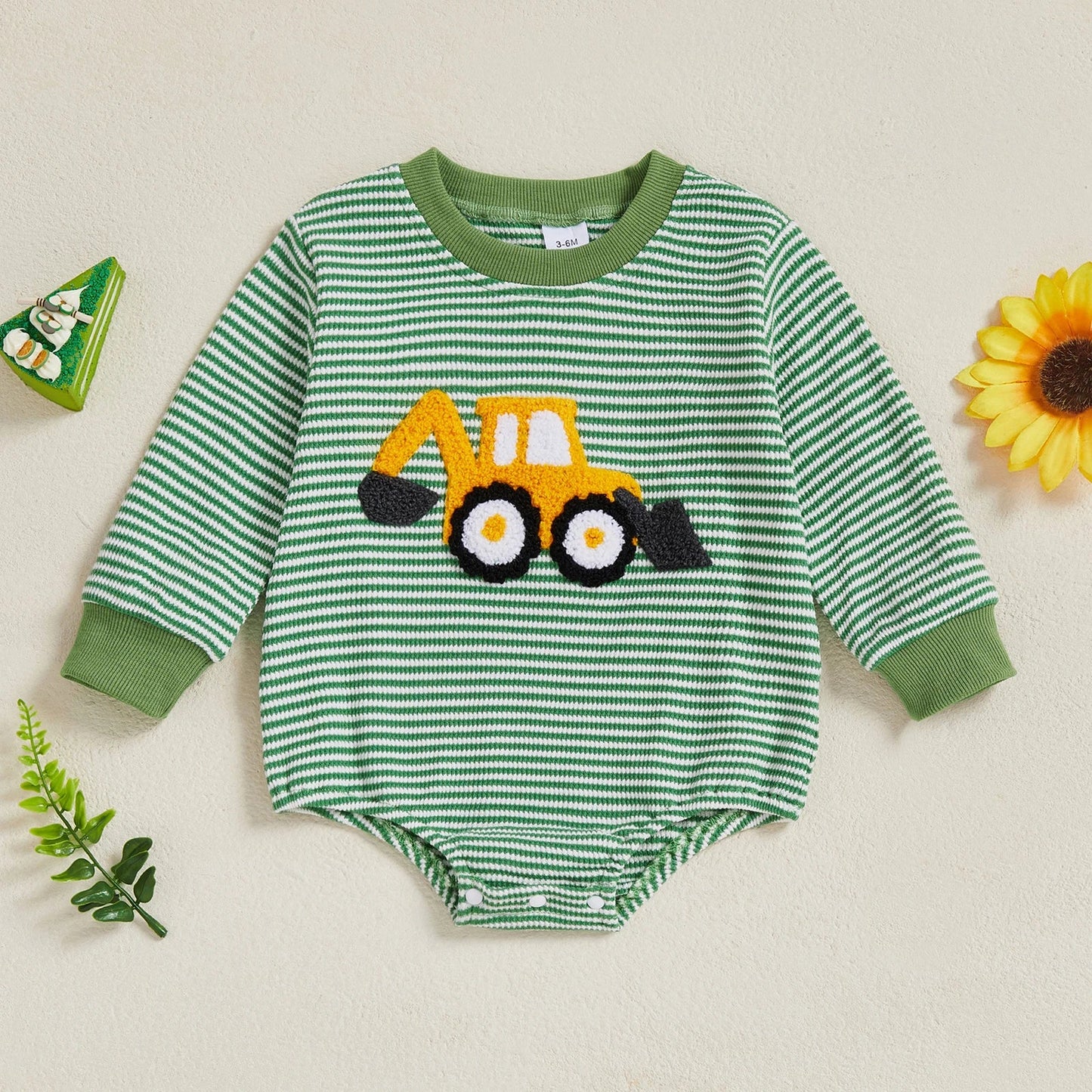 Baby Boy Fall Bubble Romper Casual Digger Tractor Embroidery Striped Long Sleeve Jumpsuit Infant Cute Outfit