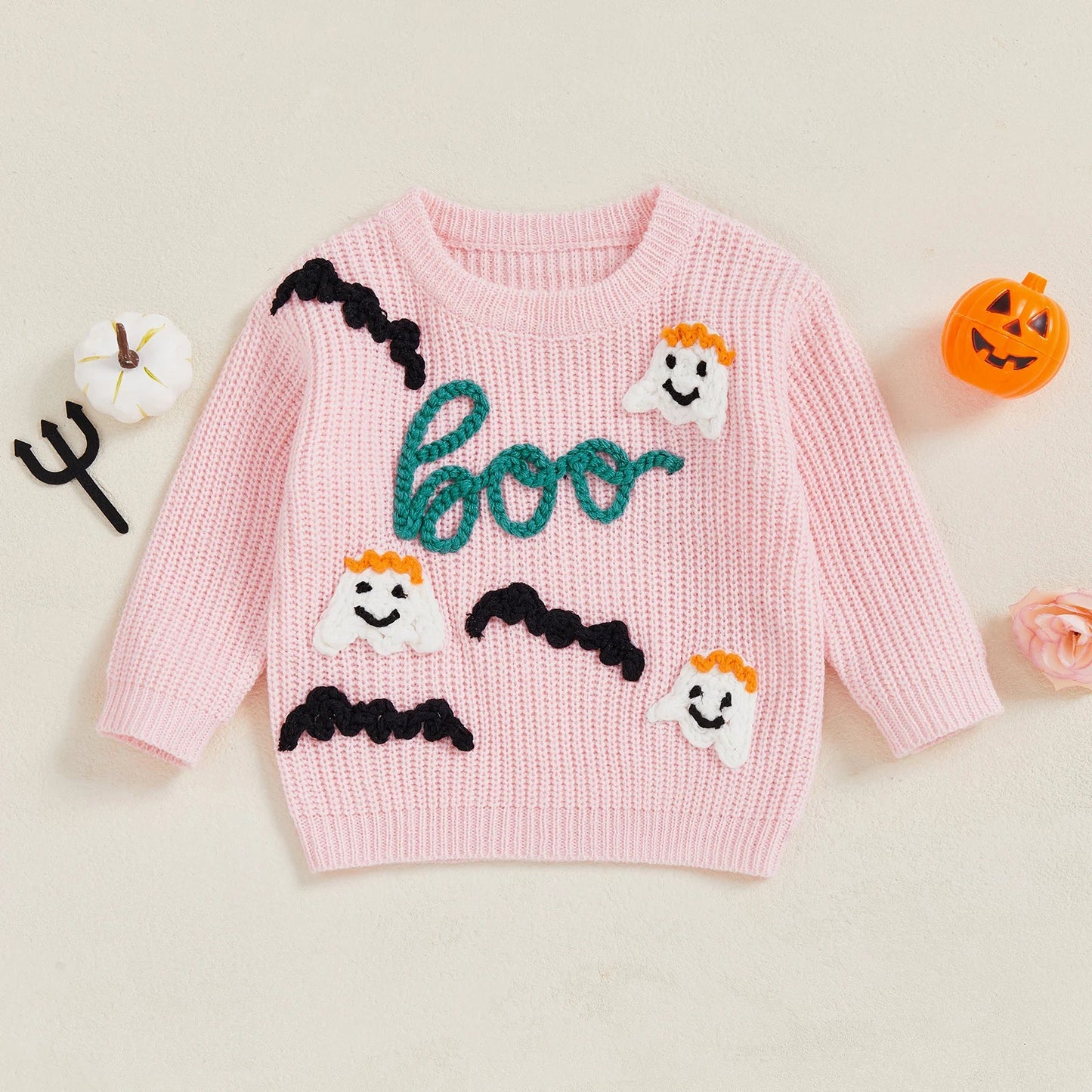 Baby Toddler Girls Halloween Sweater Long Sleeve Round Neck Letter Boo Ghost Embroidery Knit Pullover Top
