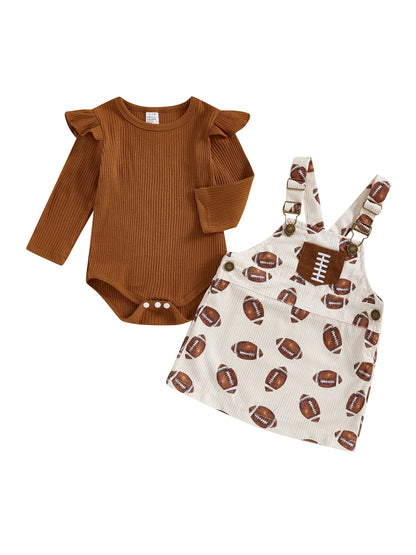 Baby Toddler Girls 2Pcs Fall Outfit Long Sleeve Romper + Football Print Overall Dress Set Clothes