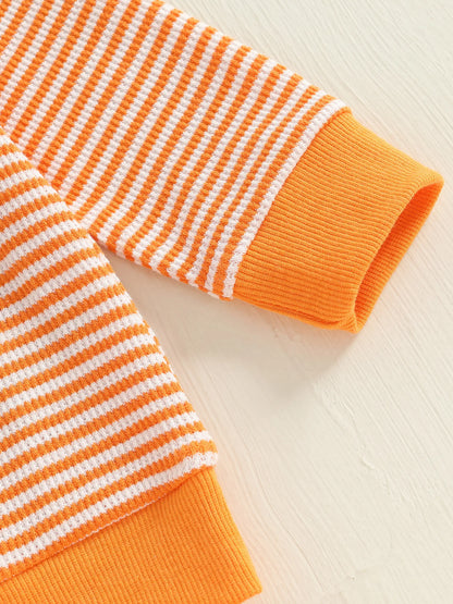 Baby Toddler Boy Girl 2Pcs Halloween Outfit Pumpkin Embroidery Boo Ghost Striped Long Sleeve Top and Elastic Jogger Pants Set