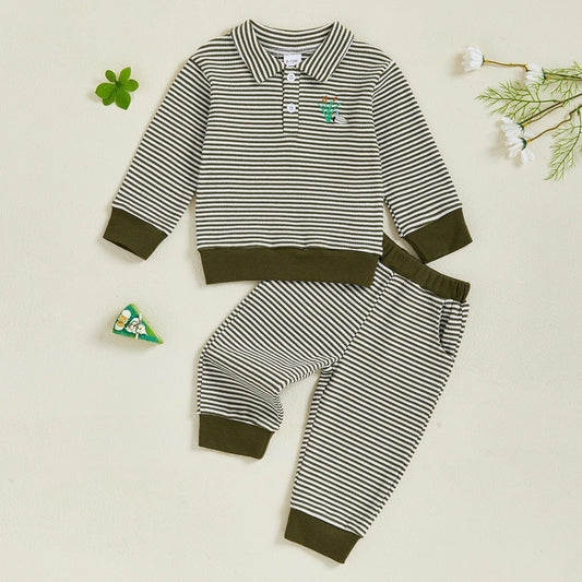 Baby Toddler Boys 2Pcs Long Sleeve Embroidery Duck Top with Striped Pants Infant Clothes Set