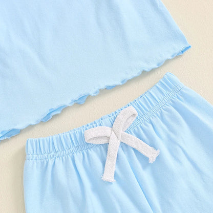 Baby Toddler Kids Girls 2Pcs Short Sleeve Crew Neck Ruffle Sleeve Top with Elastic Waist Shorts Outfit Set