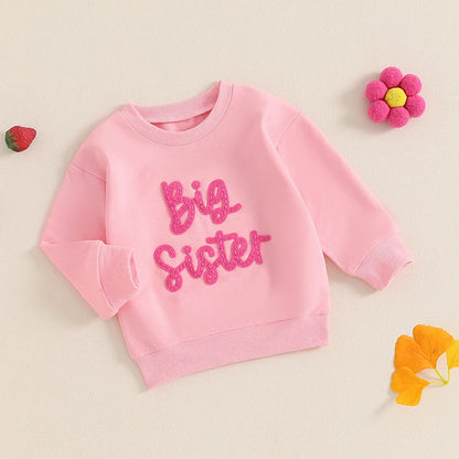 Toddler Kids Girls Big Sister Long Sleeve Crewneck Letter Embroidery Loose Fit Pullover Top