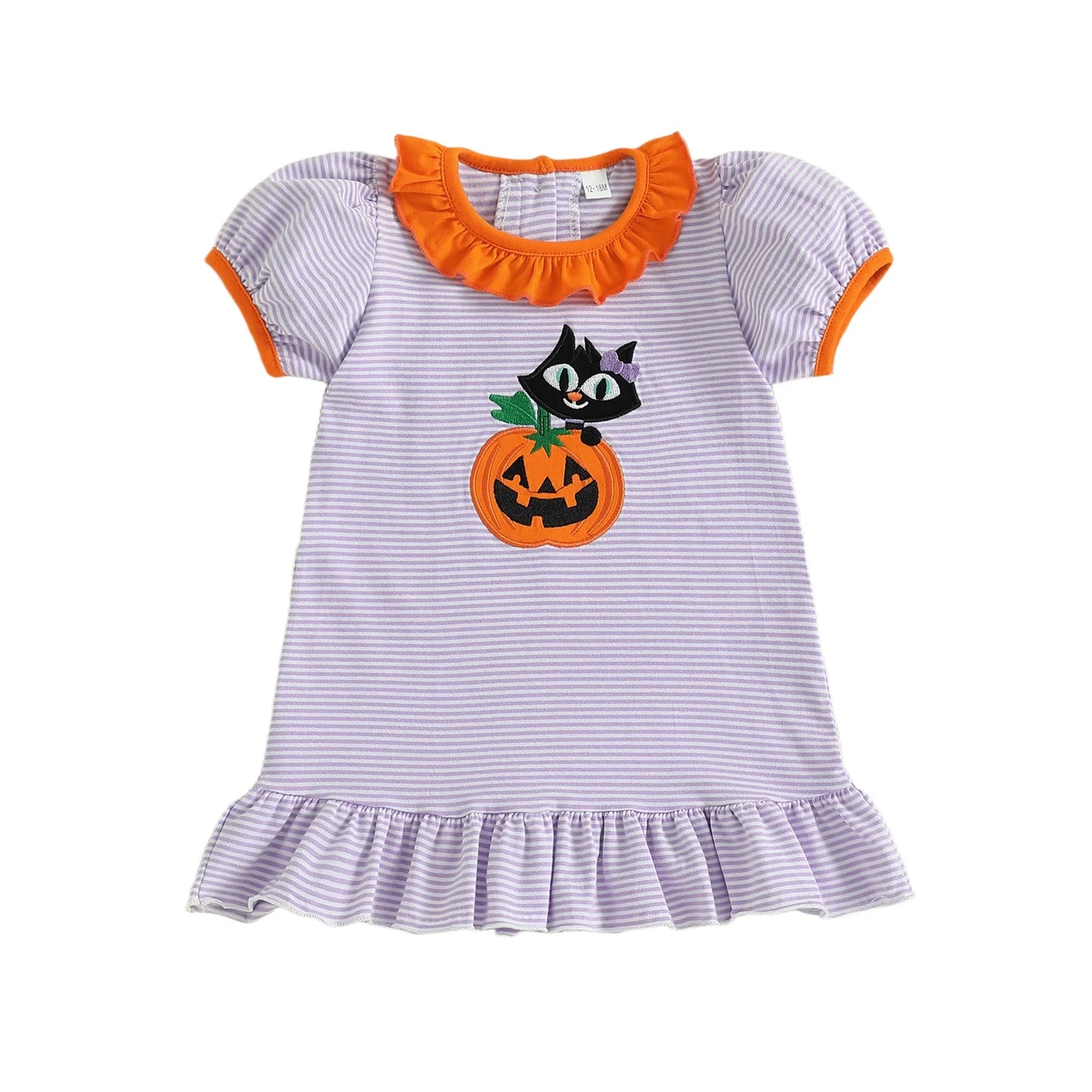 Baby Toddler Kids Girl Halloween Striped Dress Pumpkin Black Cat Embroidered Short Sleeve Ruffled Dress Cute Fall Clothes