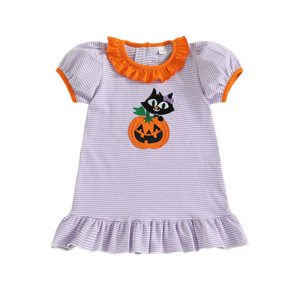 Baby Toddler Kids Girl Halloween Striped Dress Pumpkin Black Cat Embroidered Short Sleeve Ruffled Dress Cute Fall Clothes