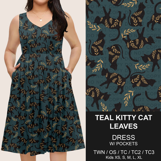 B275 - Preorder Teal Kitty Cat Leaves Sleeveless Pocket Dress (Closes 2/25. ETA: early May)