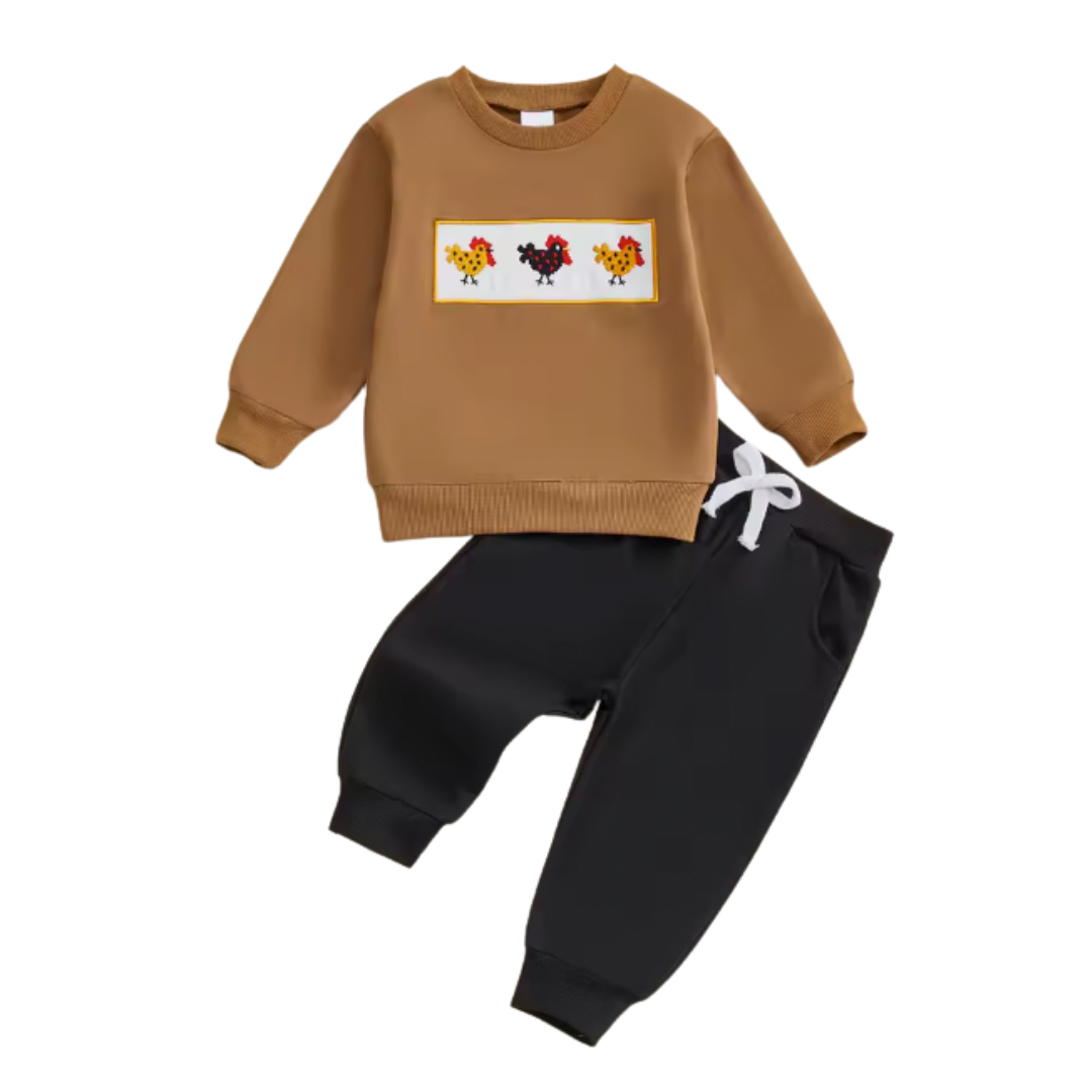 Embroidered Brown Rooster Crewneck Lounge Set