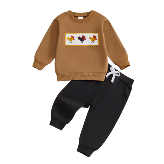 Embroidered Brown Rooster Crewneck Lounge Set