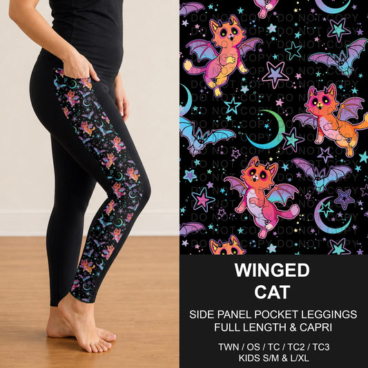 B307 - Preorder Winged Cat Side Panel Pocket Leggings (Closes 8/02. ETA: early Oct.)