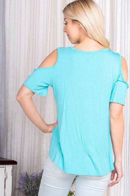 ST1597S COLD SHOULDER KEYHOLE SOLID TOP WITH TIE: MINT / 2-2-2 (1X-2X-3X)