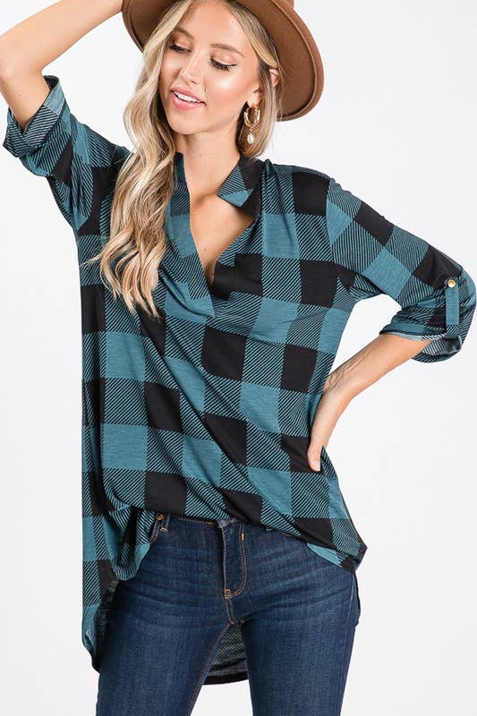 ST1454-20 PLAID TUNIC TOP: BLACK/IVORY / 2-2-2 (S-M-L)