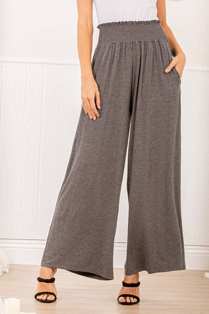 SP1123-10 FOLD OVER WIDE LEG SOLID PANTS WITH SMOCKED AND SI: MOCHA / 2-2-2 (1X-2X-3X)