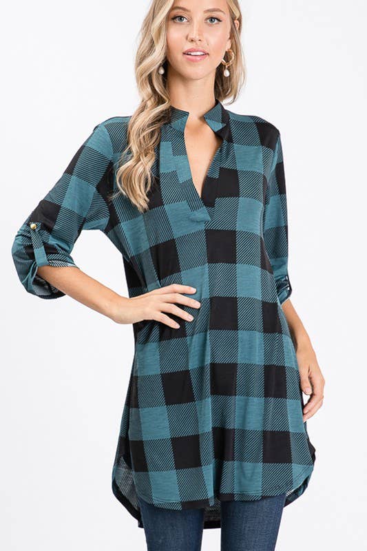 ST1454-20 PLAID TUNIC TOP: BLACK/IVORY / 2-2-2 (1X-2X-3X)