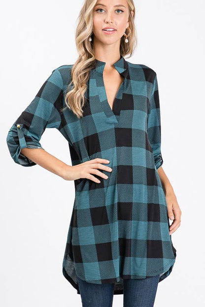 ST1454-20 PLAID TUNIC TOP: BLACK/RED / 2-2-2 (S-M-L)