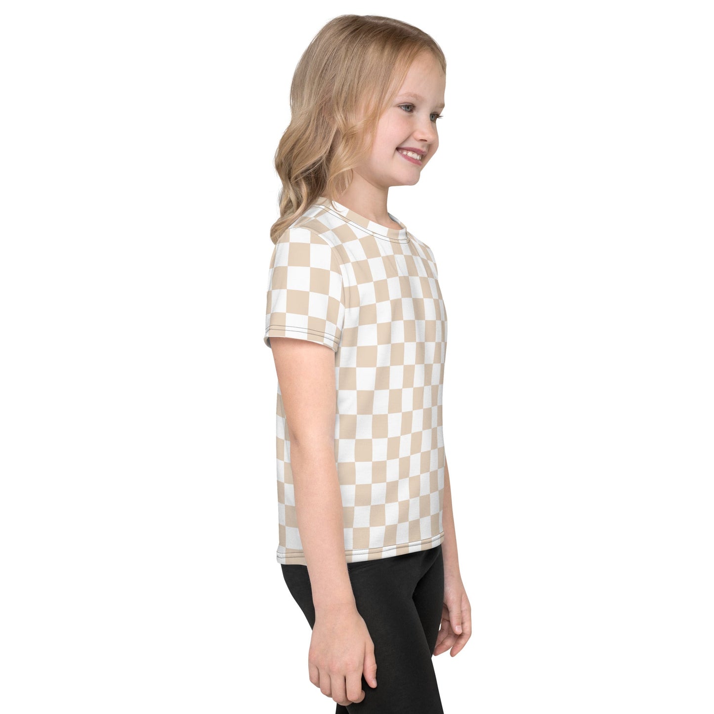 Checkered Tan White Toddler Kids Crew Neck T-shirt