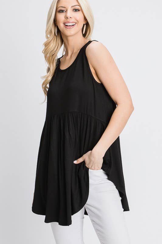 ST1748S SLEEVELESS ROUND NECK SOLID BABYDOLL TOP: FUCHSIA / 2-2-2 (1X-2X-3X)