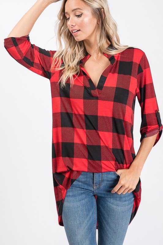 ST1454-20 PLAID TUNIC TOP: BLACK/IVORY / 2-2-2 (1X-2X-3X)